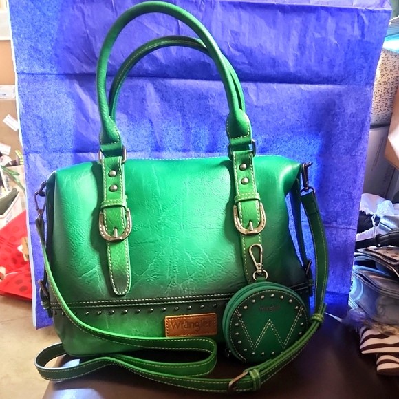 Euc Wrangler Vibrant Green Satchel /crossbody & Matching Coin Pouch - Picture 1 of 14